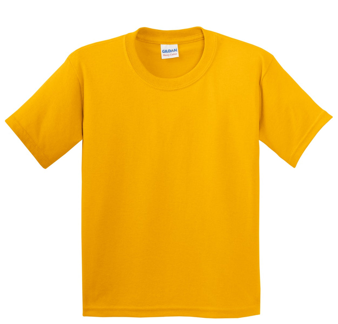 Front View of Gold Gildan - Youth Heavy Cotton 100% Cotton T-Shirt. 5000B