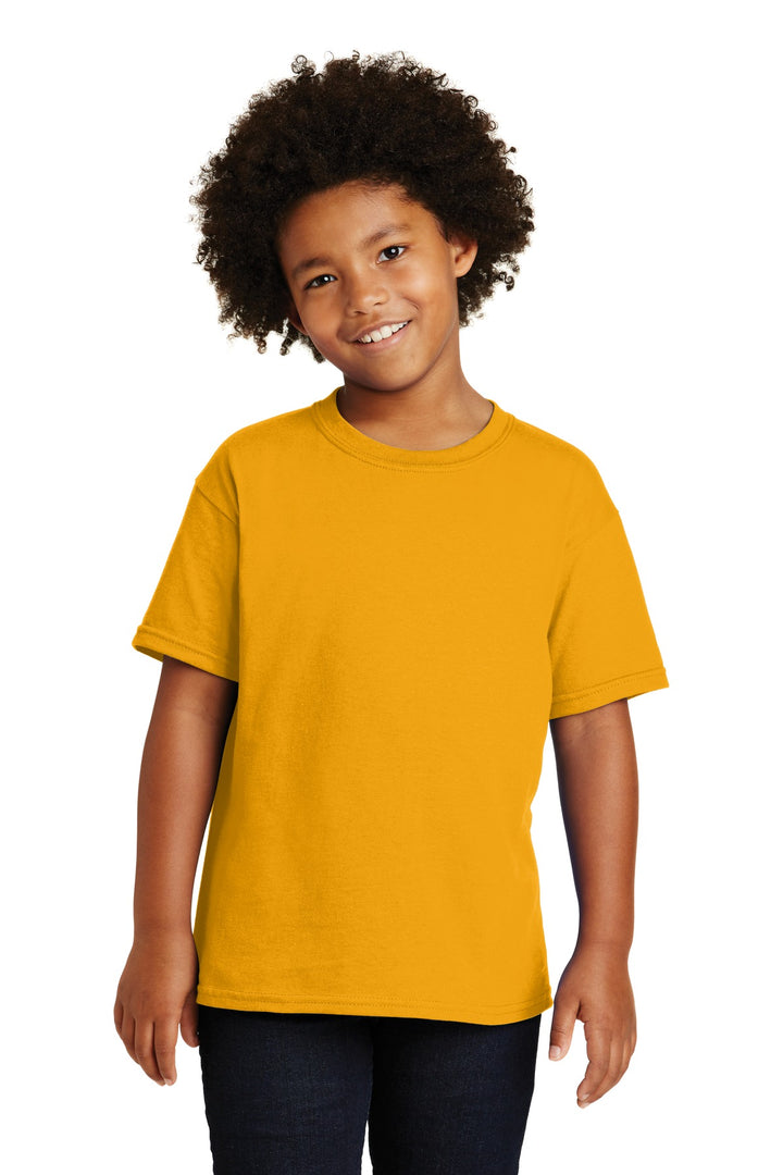 Front View of Gold Gildan - Youth Heavy Cotton 100% Cotton T-Shirt. 5000B
