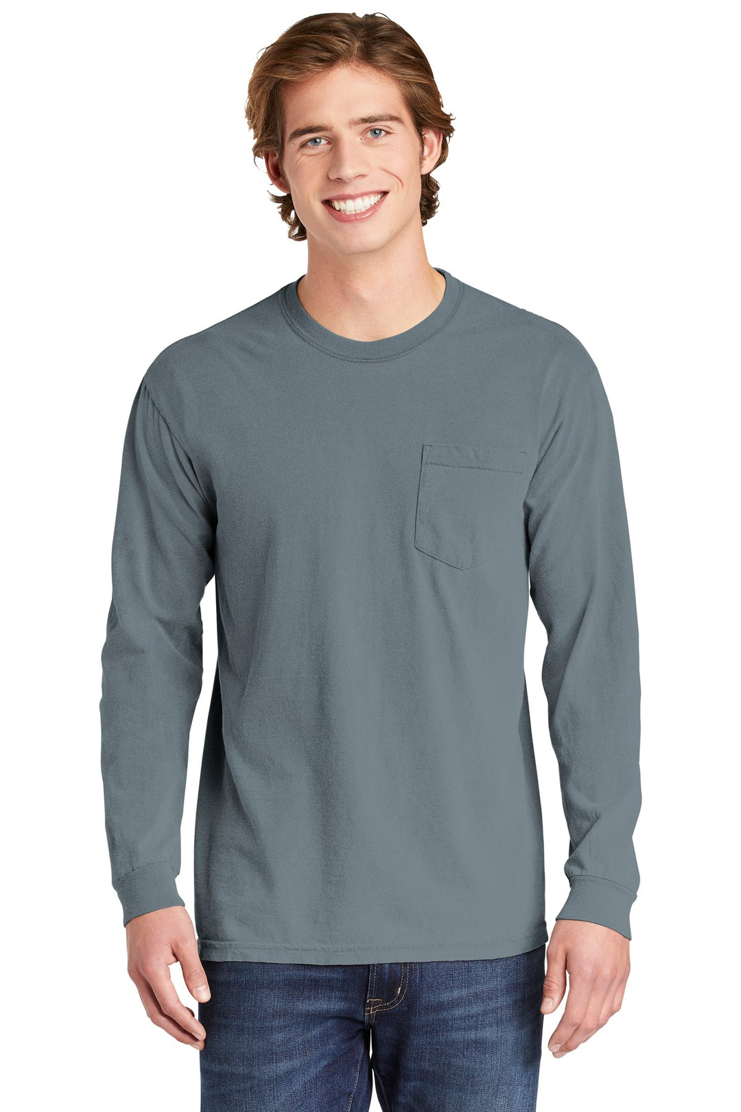 Front View of Granite COMFORT COLORS Heavyweight Ring Spun Long Sleeve Pocket Tee. 4410