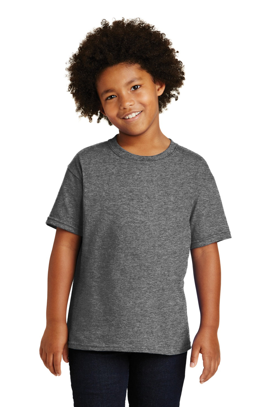 Front View of Graphite Hthr Gildan - Youth Heavy Cotton 100% Cotton T-Shirt. 5000B