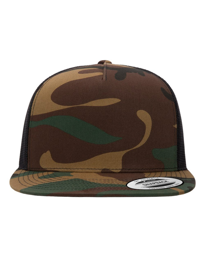 Front View of Green Camo/ Black Five-Panel Classic Trucker Cap - 6006