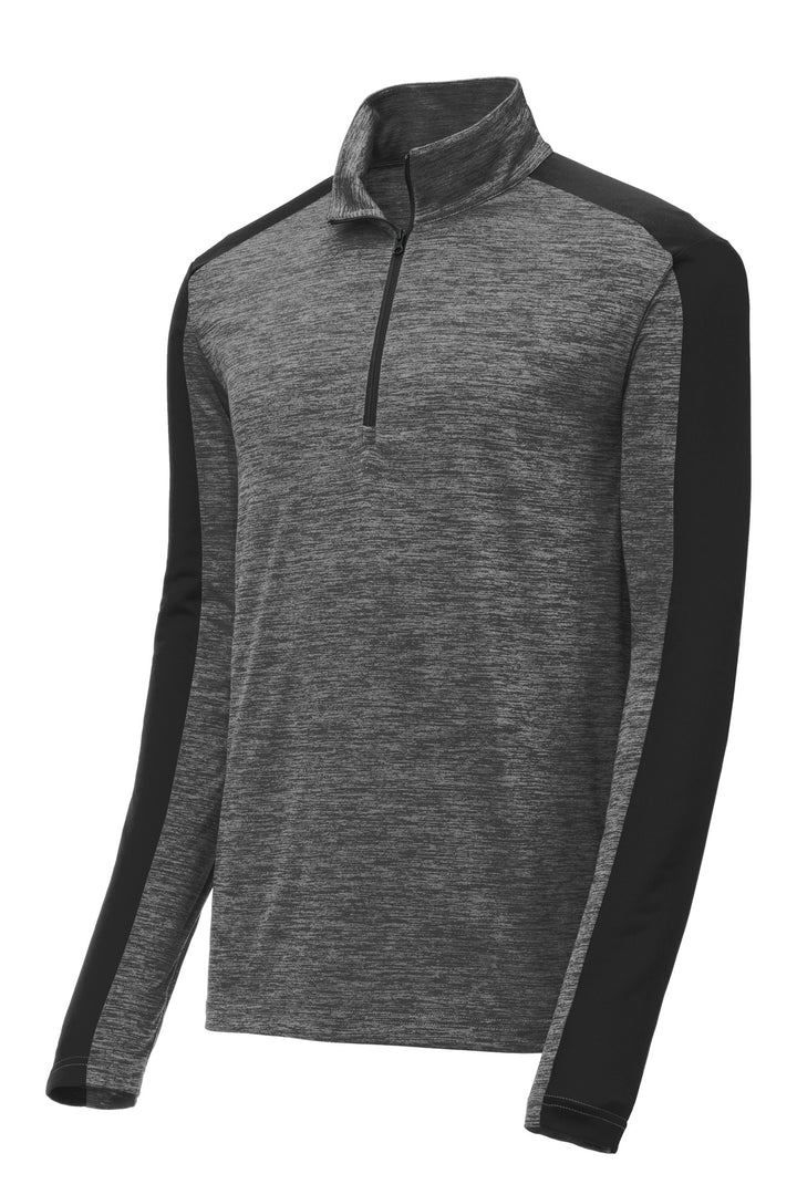 Front View of Grey-Blk E/Blk Sport-Tek PosiCharge Electric Heather Colorblock 1/4-Zip Pullover. ST397