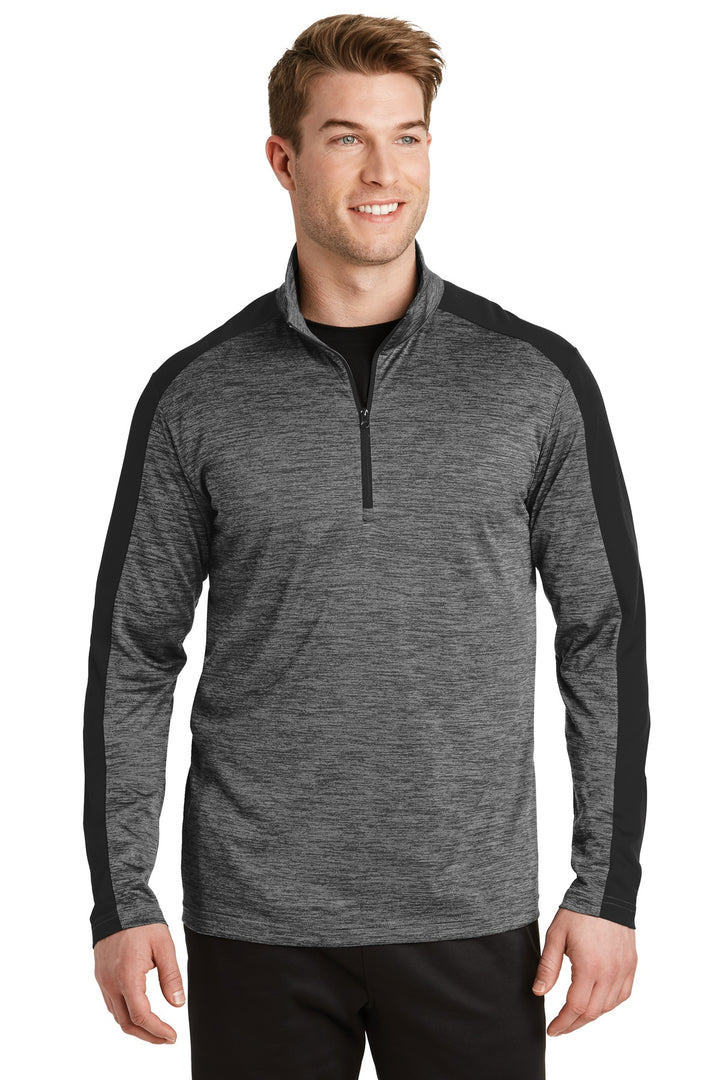 Front View of Grey-Blk E/Blk Sport-Tek PosiCharge Electric Heather Colorblock 1/4-Zip Pullover. ST397
