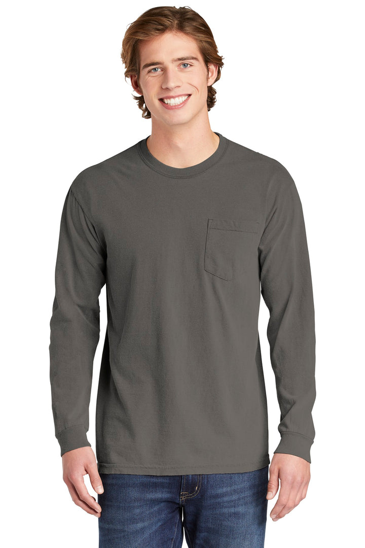 Front View of Grey COMFORT COLORS Heavyweight Ring Spun Long Sleeve Pocket Tee. 4410