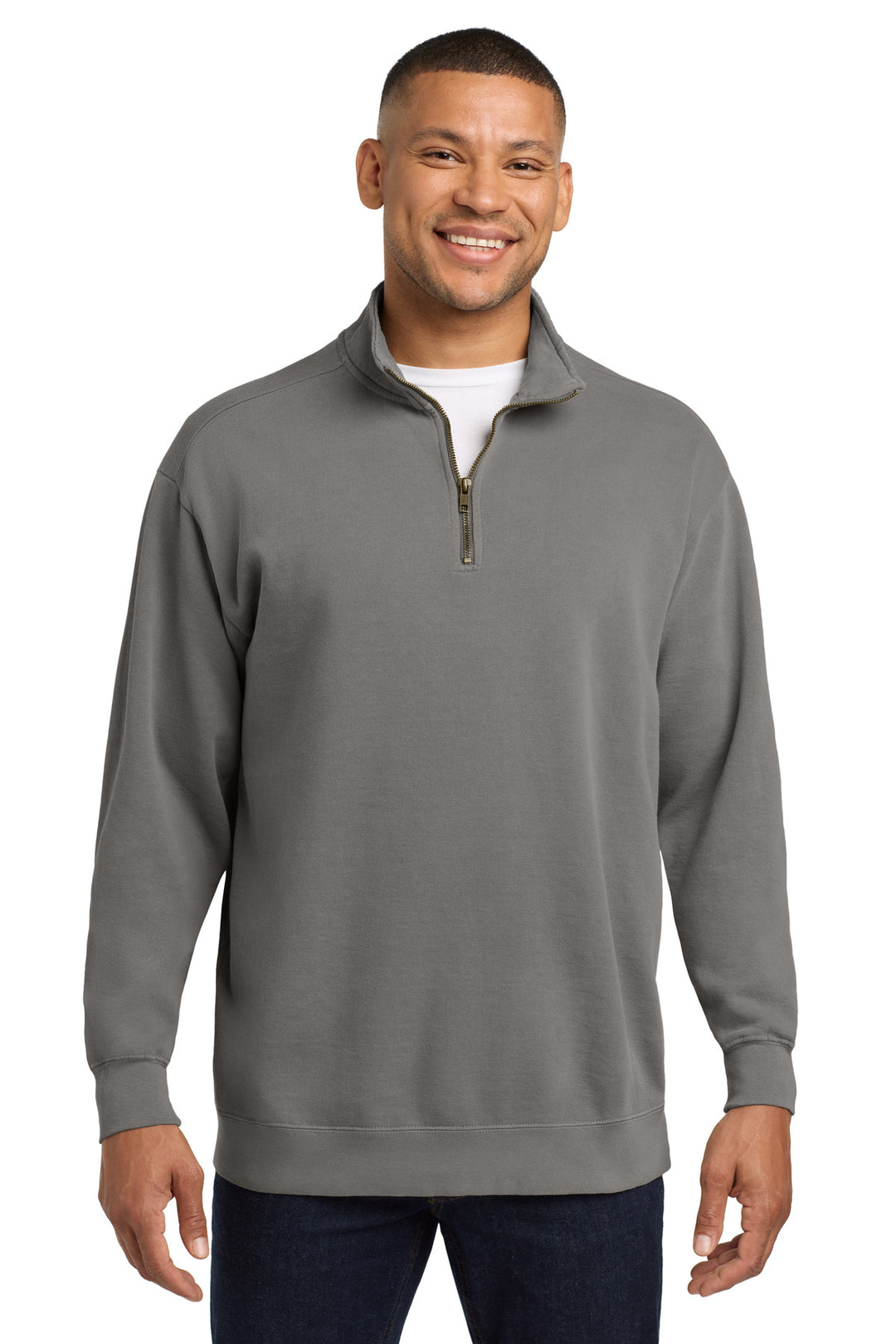 Front View of Grey COMFORT COLORS Ring Spun 1/4-Zip Sweatshirt. 1580