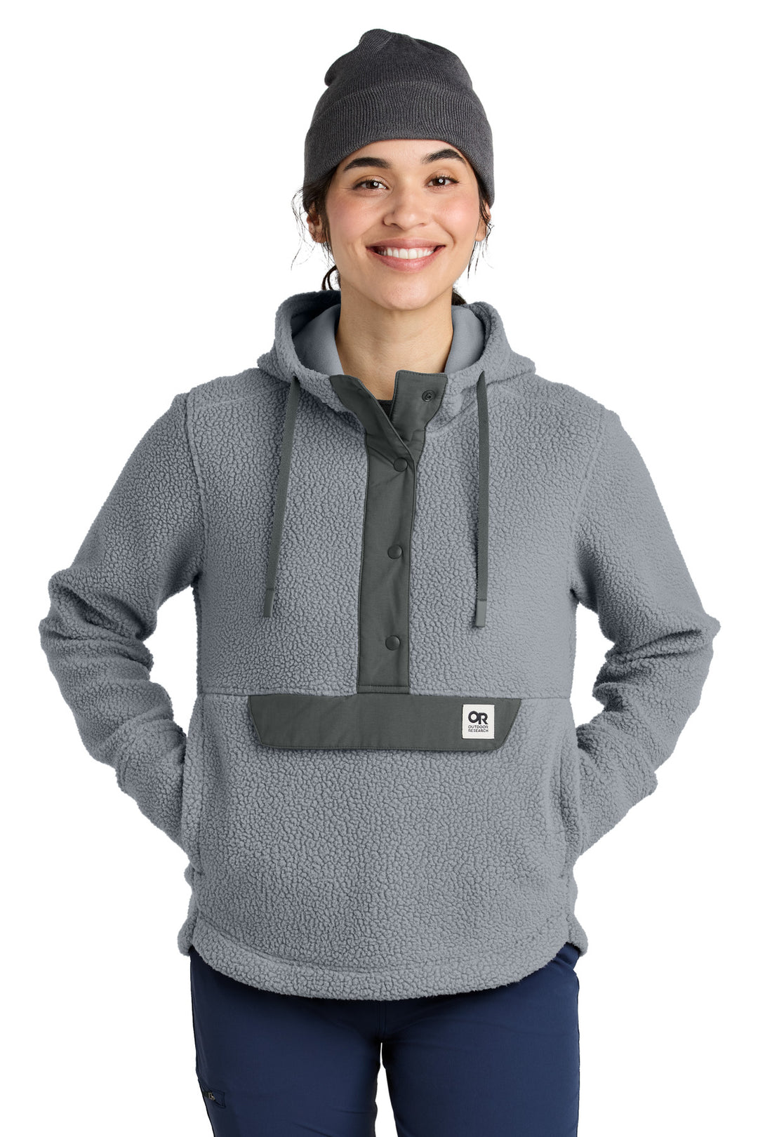 Front View of Grey LIMITED EDITION Outdoor Research Women's Packwood Fleece Pullover Hoodie OR322268