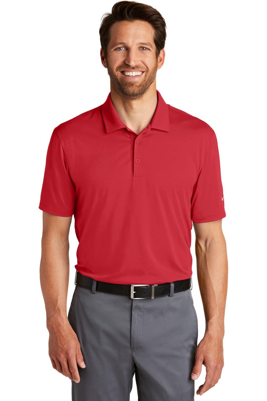 Front View of Gym Red Nike Dri-FIT Legacy Polo. 883681