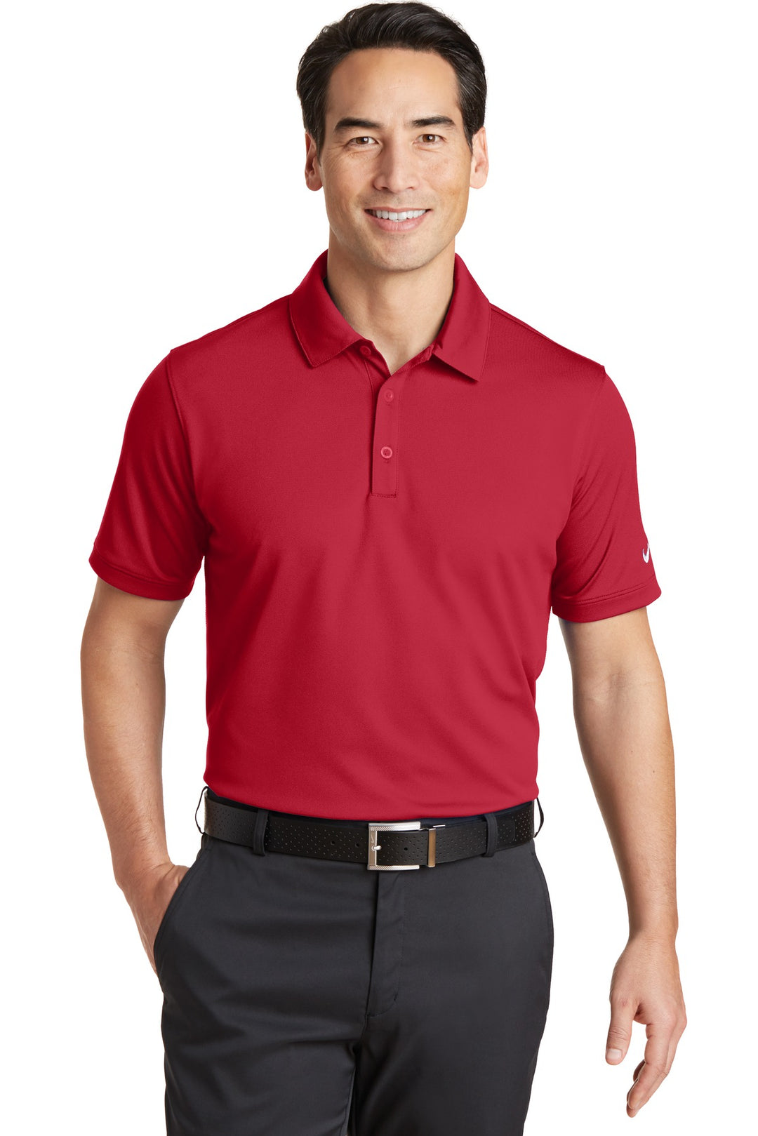 Front View of Gym Red Nike Dri-FIT Solid Icon Pique Modern Fit Polo. 746099