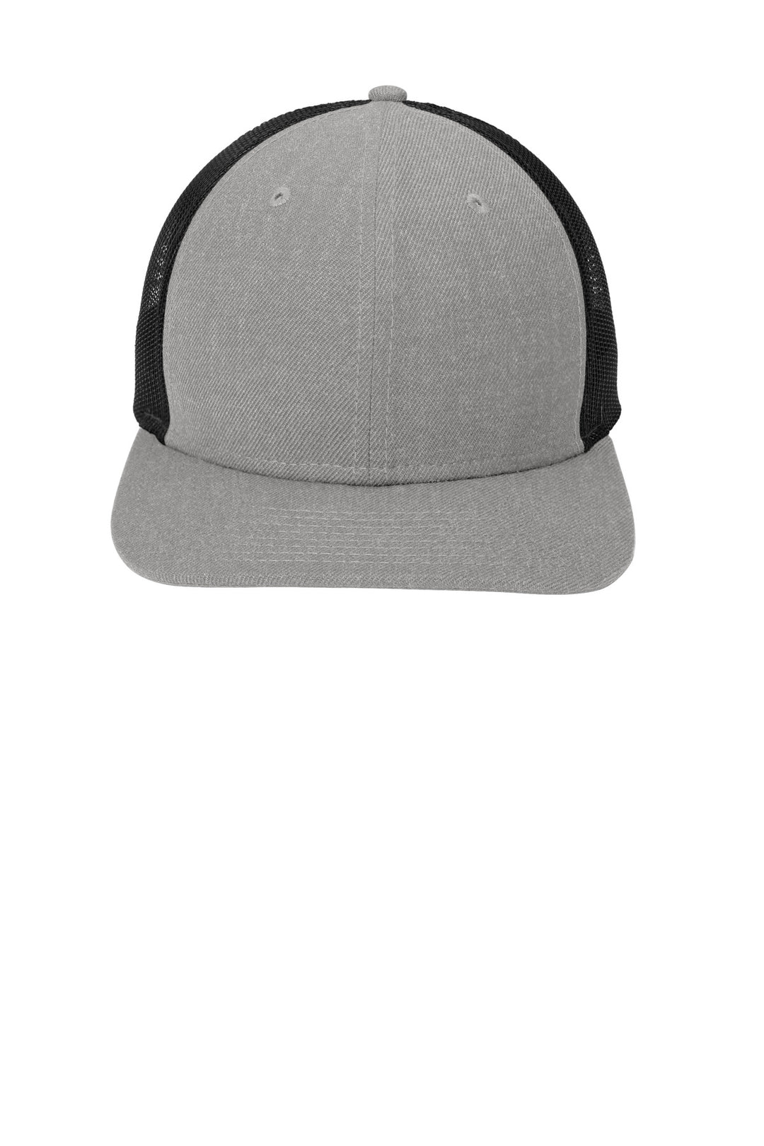 Front View of Heather Gry/Bk New Era Snapback Low Profile Trucker Cap NE207