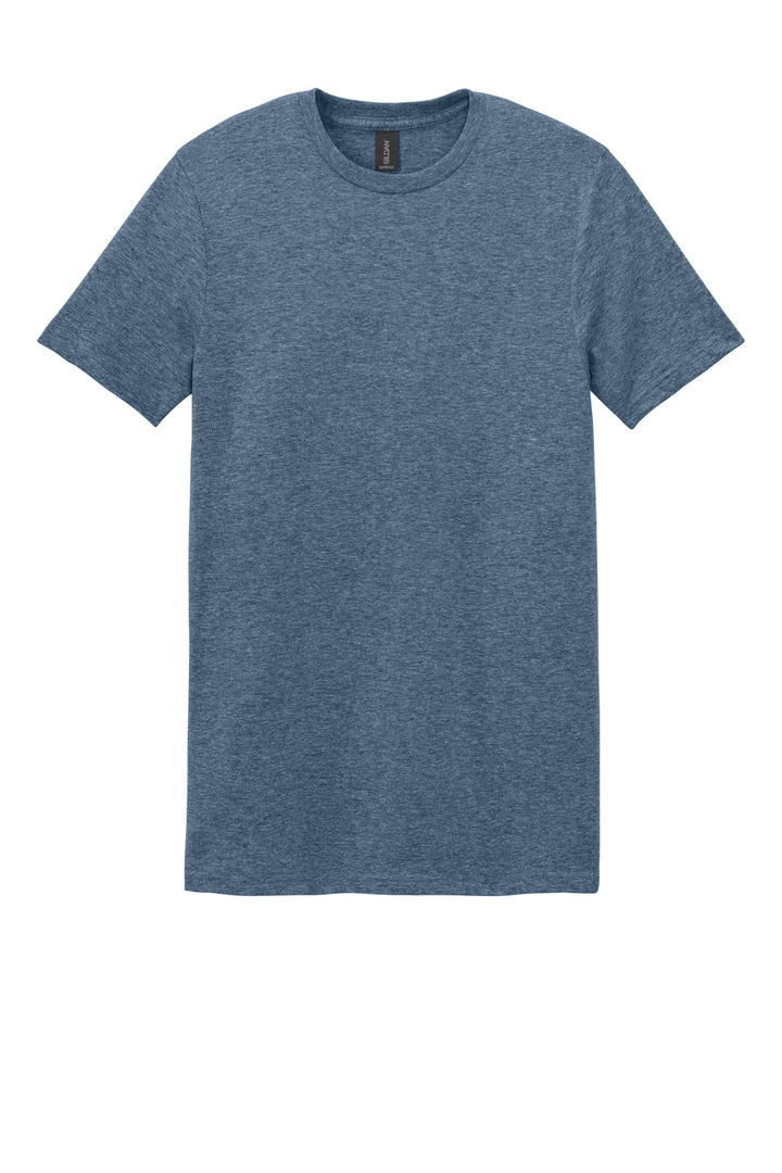 Front View of Heather Indigo Gildan Softstyle T-Shirt. 64000