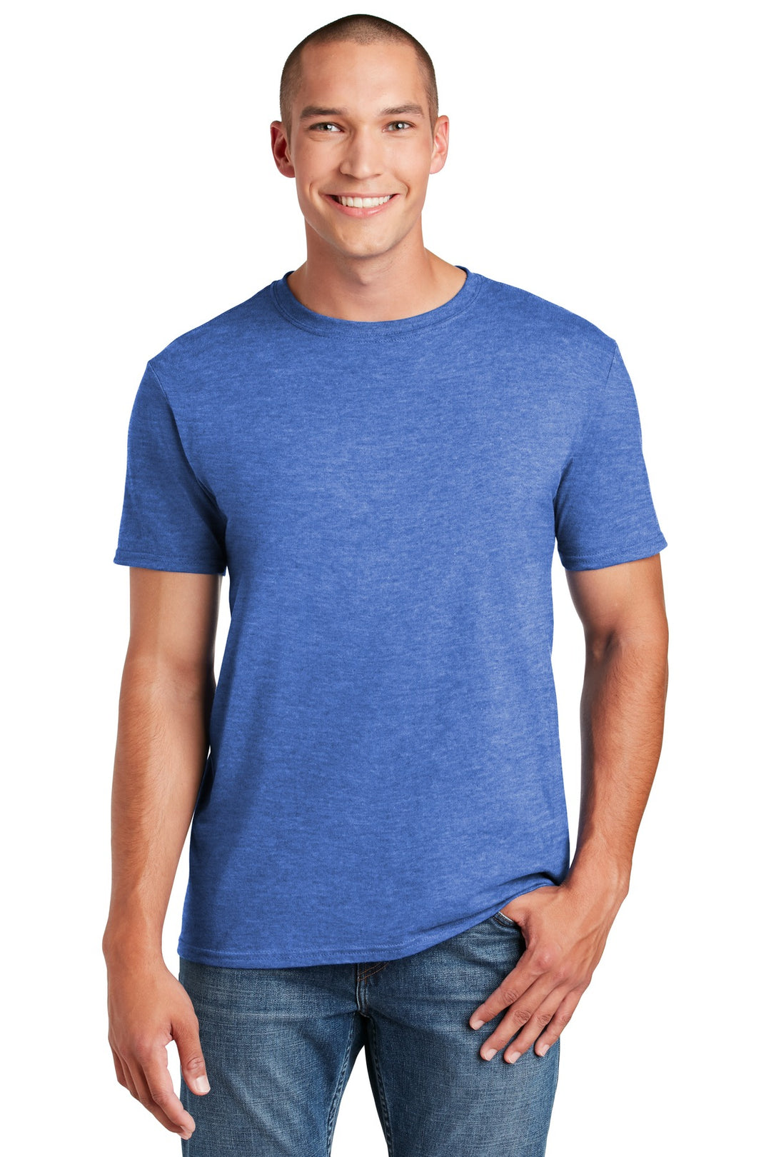 Front View of Heather Royal Gildan Softstyle T-Shirt. 64000