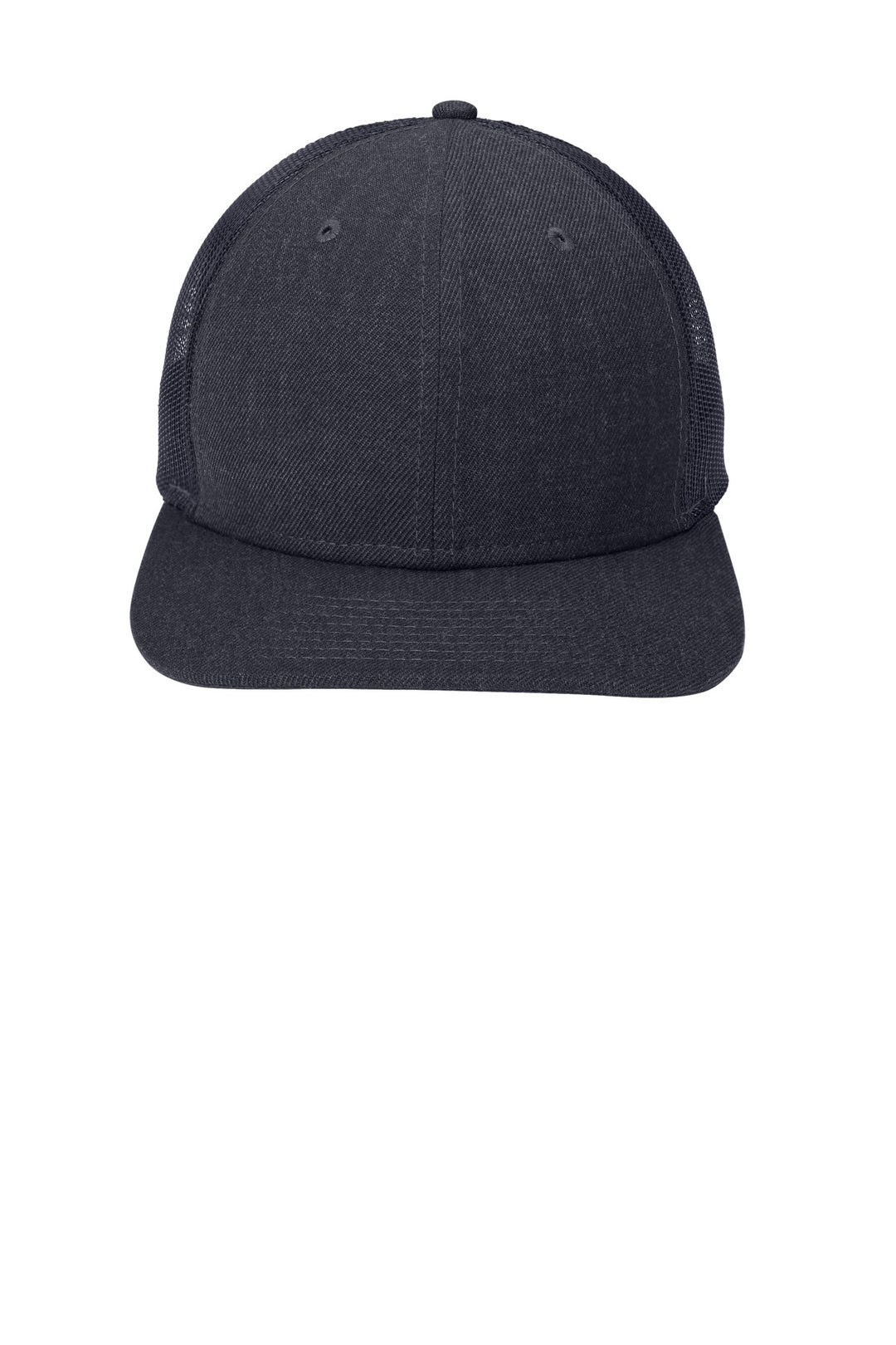 Front View of Hthr Navy/Navy New Era Snapback Low Profile Trucker Cap NE207