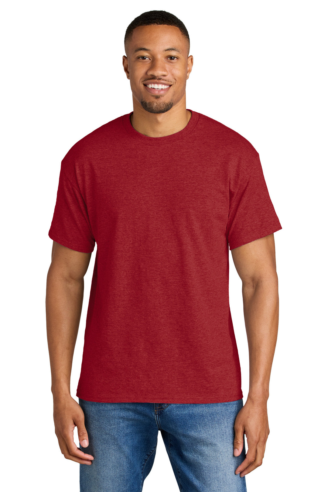 Front View of HtrScarRed Gildan DryBlend 50 Cotton/50 Poly T-Shirt. 8000