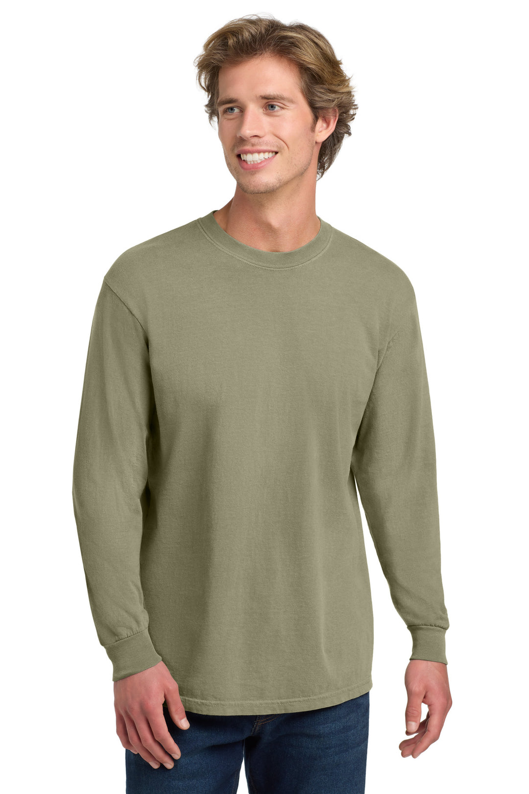 Front View of Khaki COMFORT COLORS Heavyweight Ring Spun Long Sleeve Tee. 6014