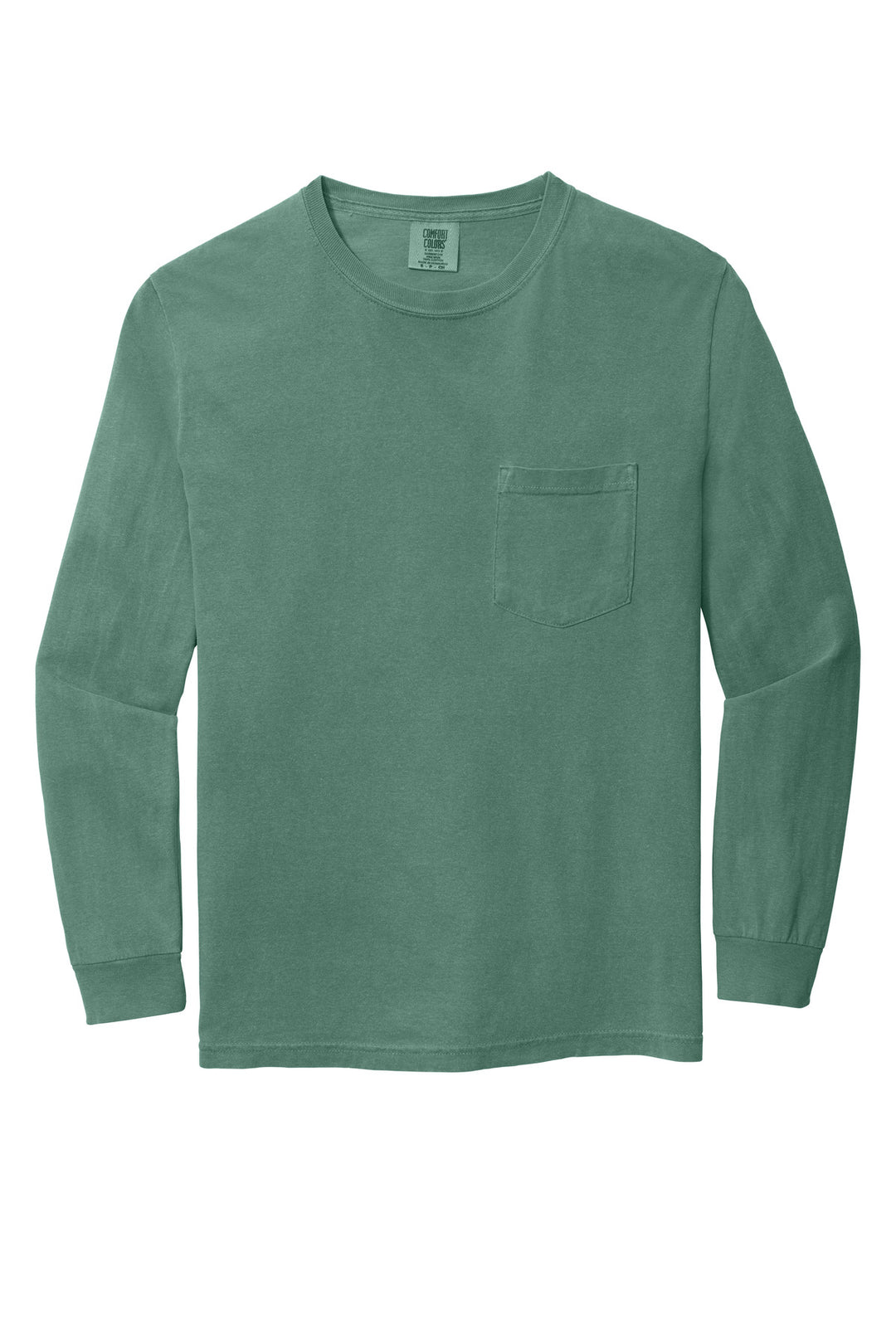 Front View of Light Green COMFORT COLORS Heavyweight Ring Spun Long Sleeve Pocket Tee. 4410