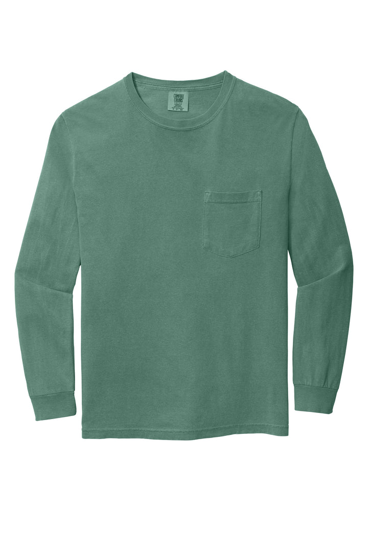 Front View of Light Green COMFORT COLORS Heavyweight Ring Spun Long Sleeve Pocket Tee. 4410