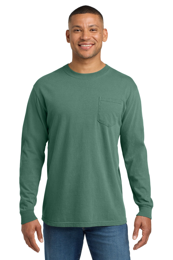Front View of Light Green COMFORT COLORS Heavyweight Ring Spun Long Sleeve Pocket Tee. 4410