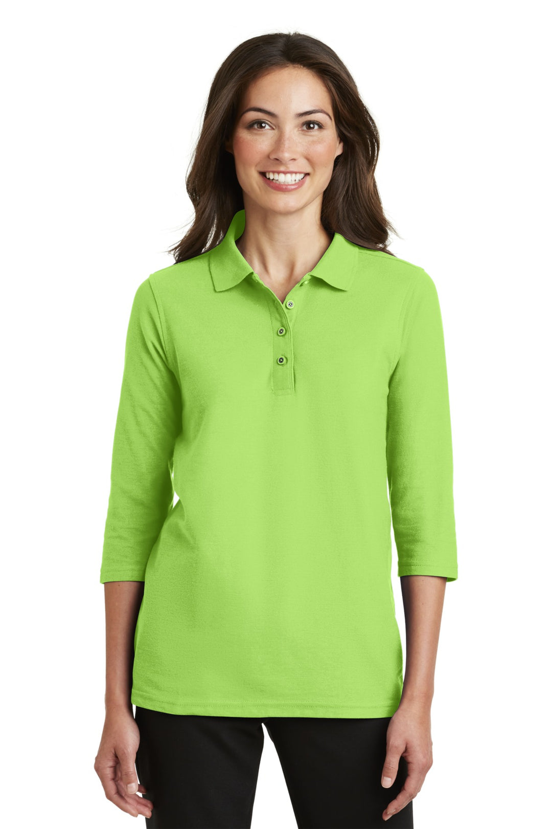 Front View of Lime Port Authority Women's Silk Touch 3/4-Sleeve Polo. L562
