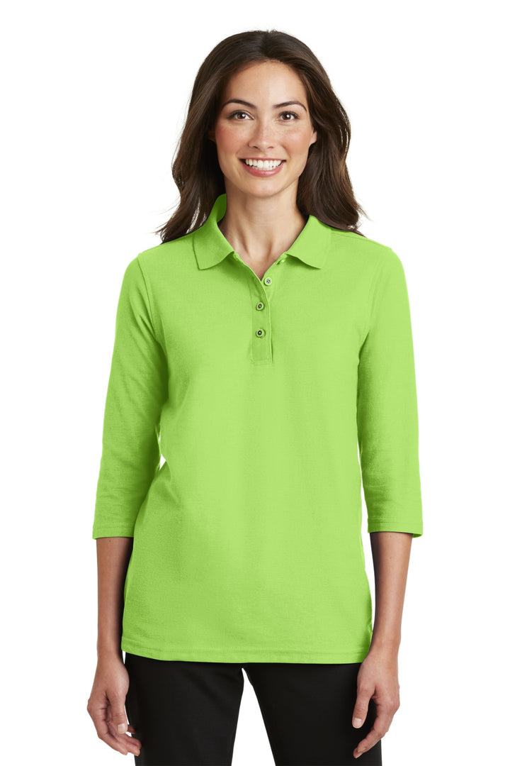 Front View of Lime Port Authority Women's Silk Touch 3/4-Sleeve Polo. L562