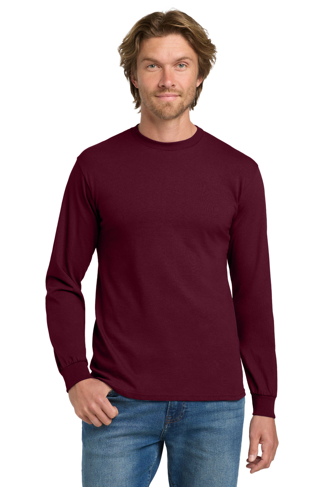 Front View of Maroon Gildan - Heavy Cotton 100% Cotton Long Sleeve T-Shirt. 5400