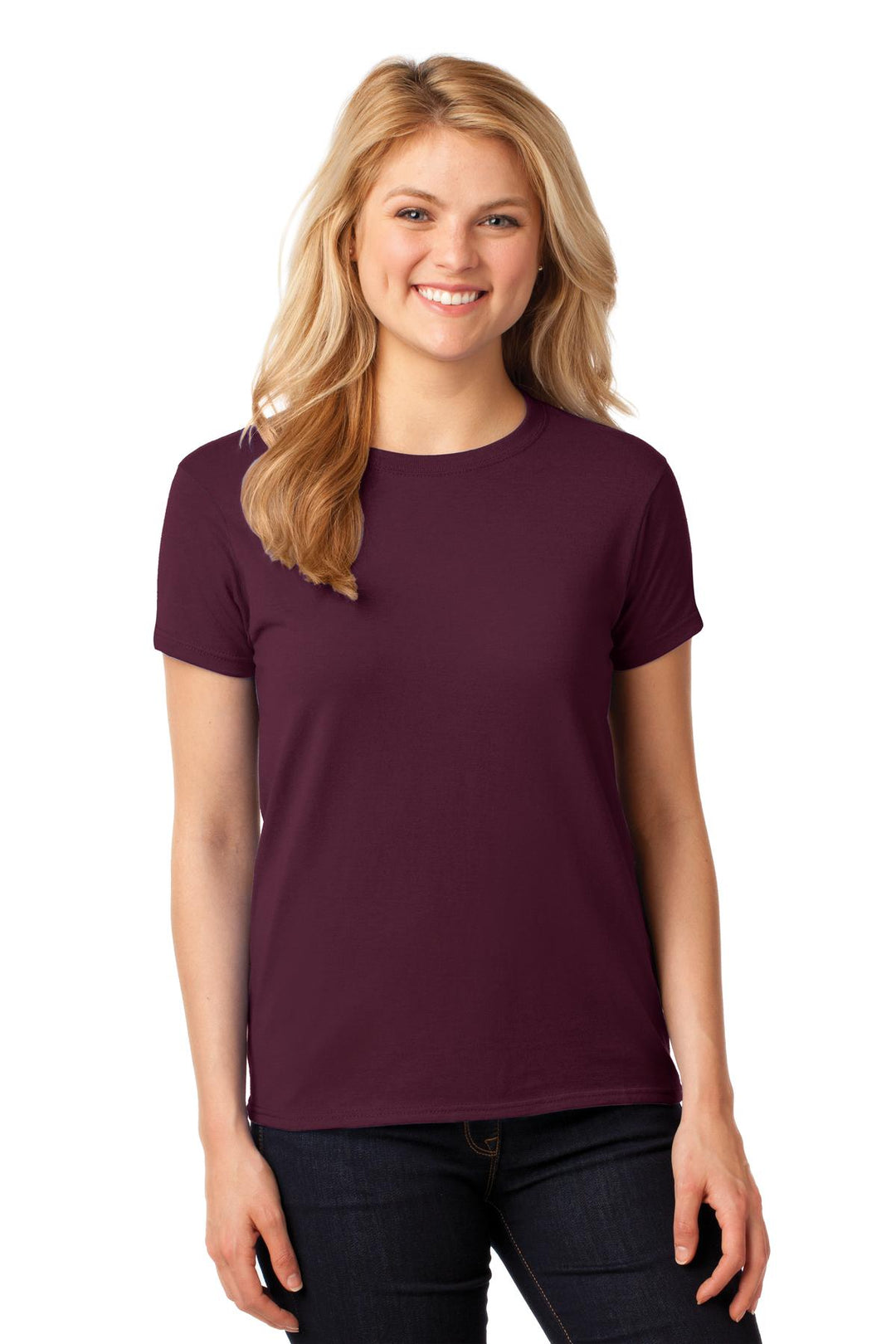 Front View of Maroon Gildan Women's Heavy Cotton 100% Cotton T-Shirt. 5000L
