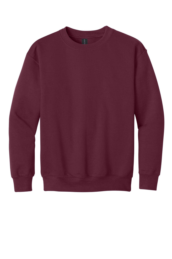 Front View of Maroon Gildan Youth Heavy Blend Crewneck Sweatshirt. 18000B