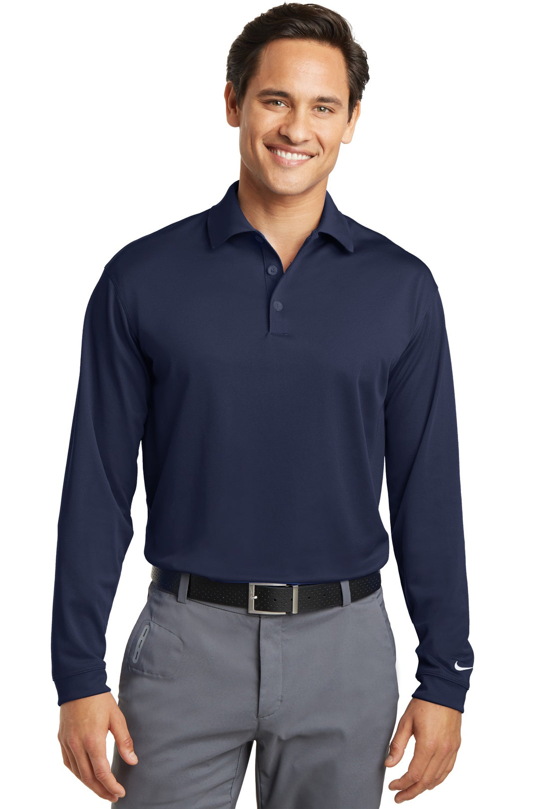 Front View of Midnight Navy Nike Long Sleeve Dri-FIT Stretch Tech Polo. 466364