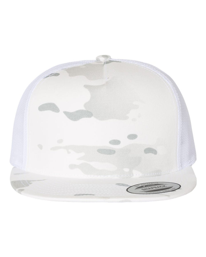 Front View of Multicam Alpine/ White Five-Panel Classic Trucker Cap - 6006