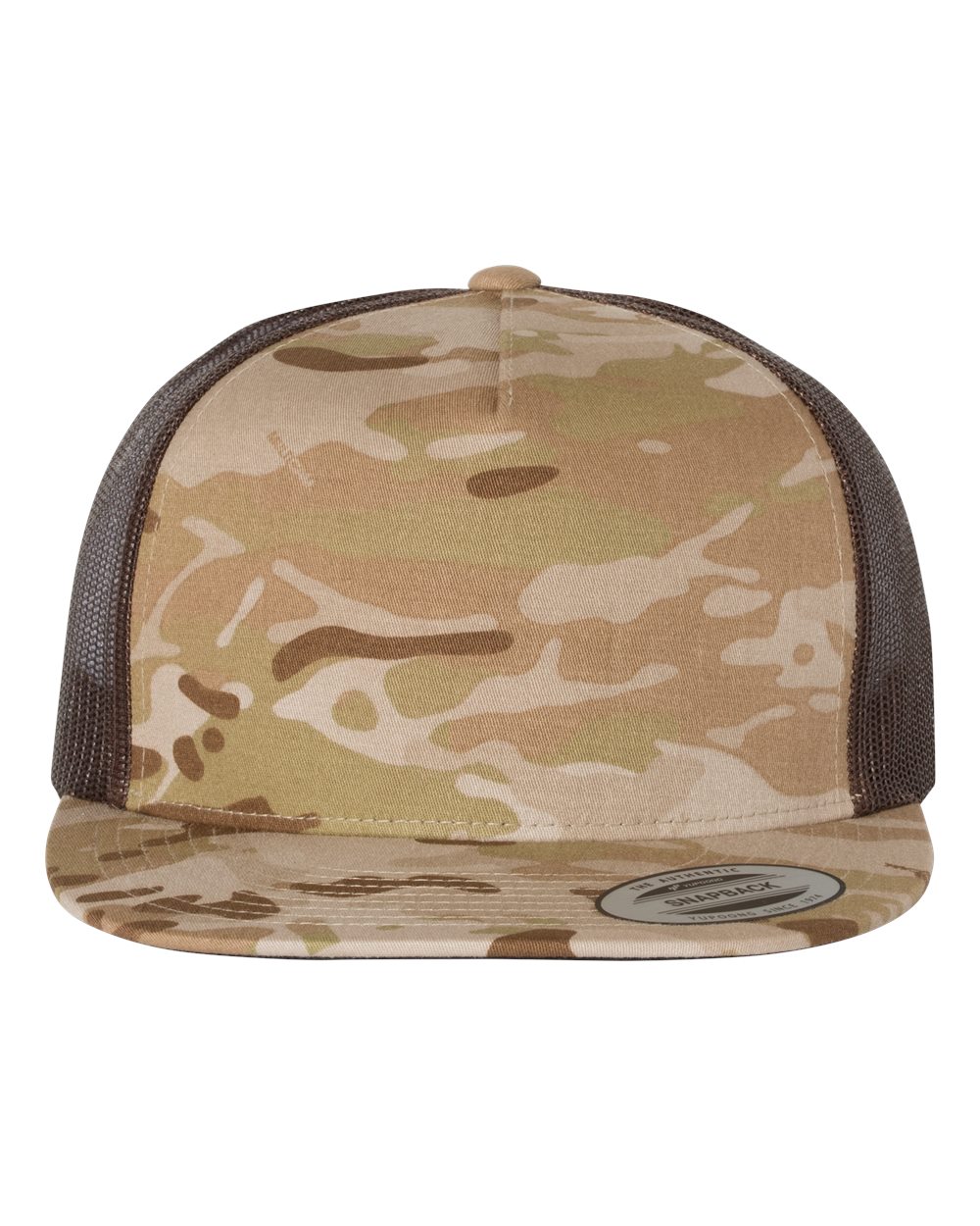 Front View of Multicam Arid/ Brown Five-Panel Classic Trucker Cap - 6006