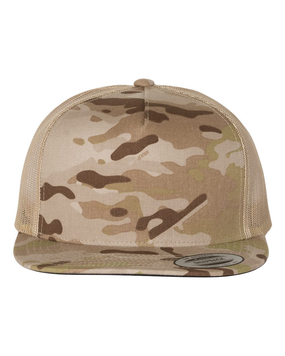 Front View of Multicam Arid/ Tan Five-Panel Classic Trucker Cap - 6006