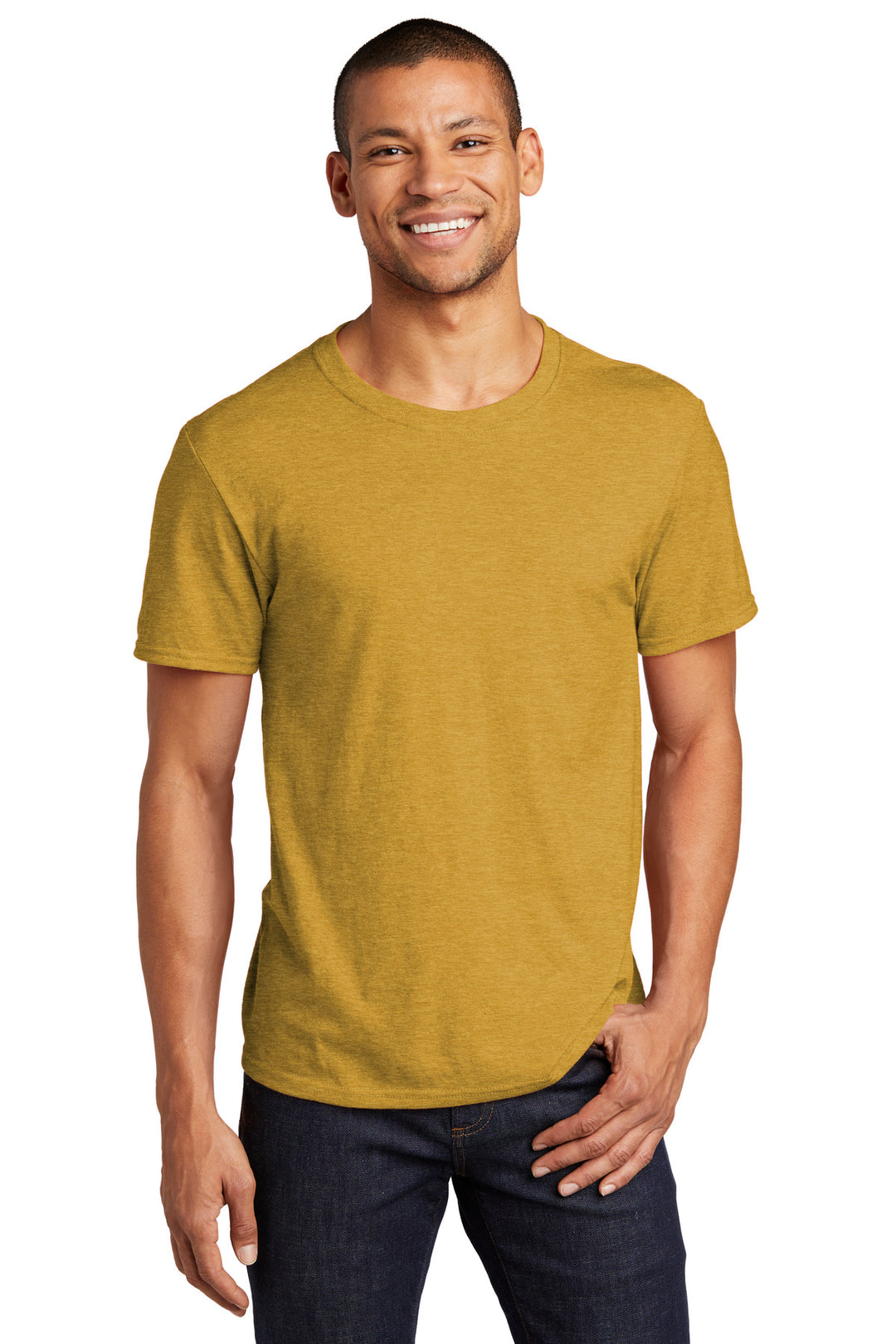 Front View of MustardHtr Jerzees Premium Blend Ring Spun T-Shirt 560M
