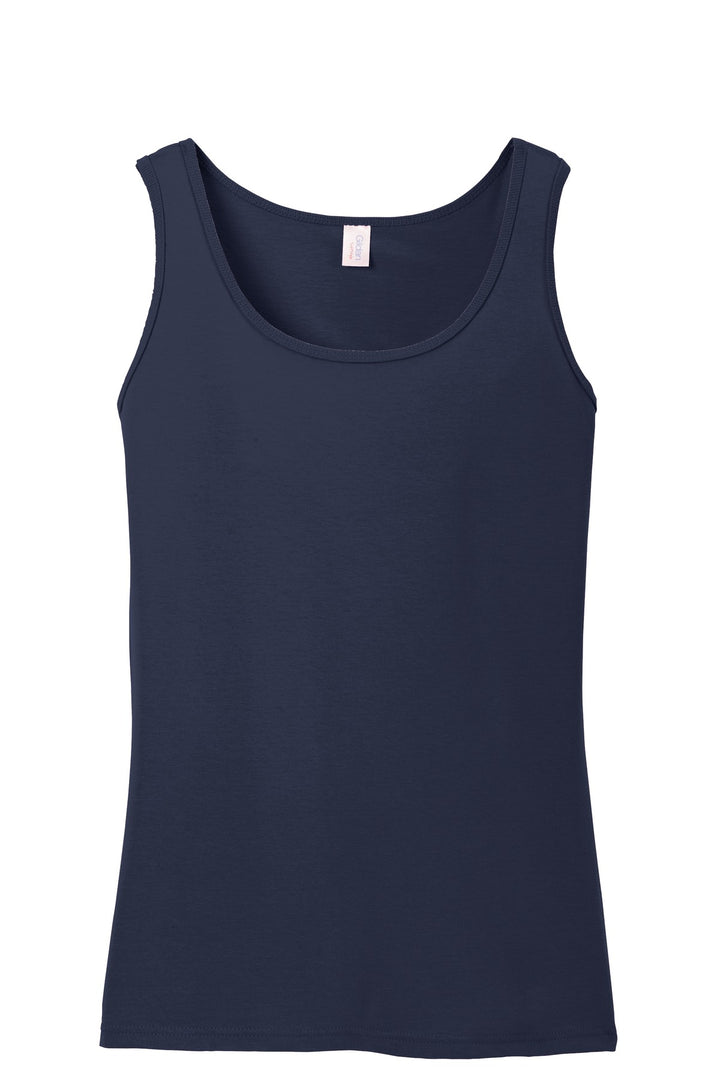 Front View of Navy Gildan Softstyle Junior Fit Tank Top. 64200L