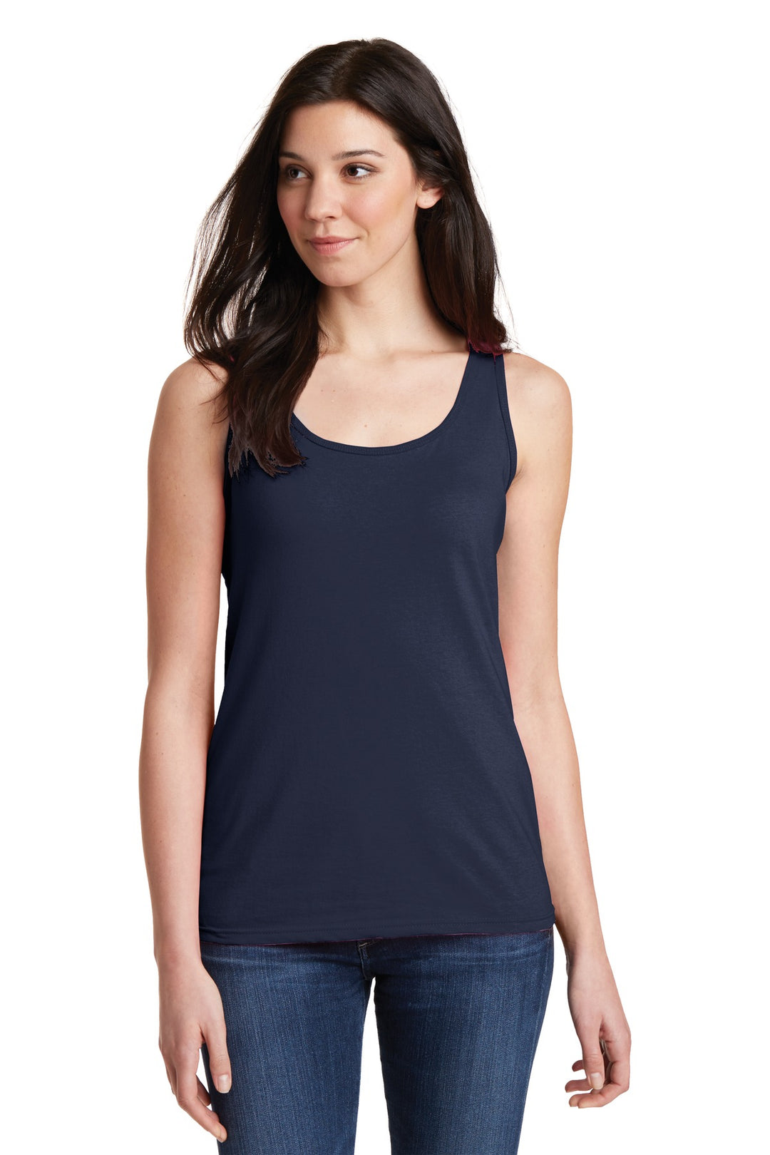 Front View of Navy Gildan Softstyle Junior Fit Tank Top. 64200L