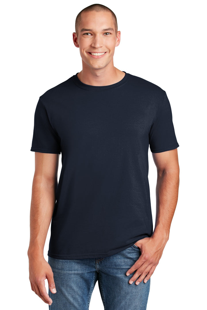 Front View of Navy Gildan Softstyle T-Shirt. 64000