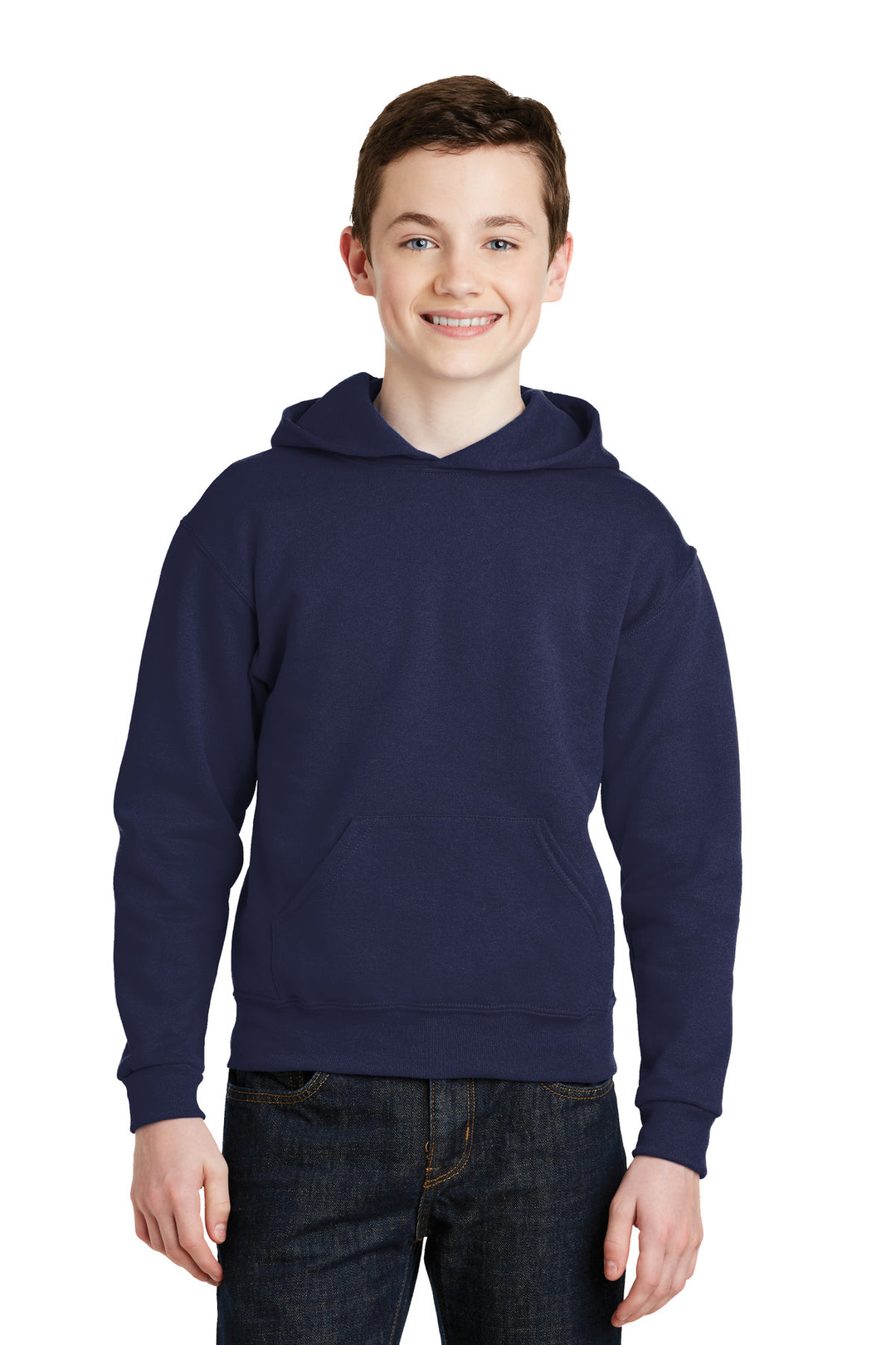 Front View of Navy Jerzees - Youth NuBlend Pullover Hooded Sweatshirt. 996Y