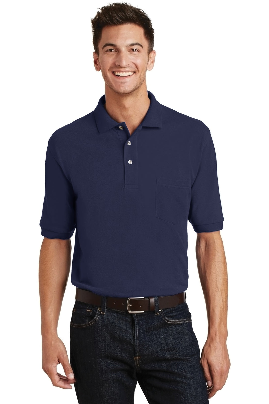 Front View of Navy Port Authority Heavyweight Cotton Pique Polo with Pocket. K420P