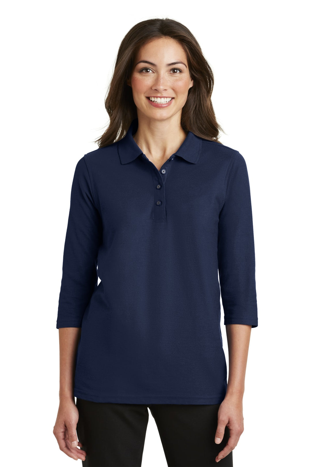 Front View of Navy Port Authority Women's Silk Touch 3/4-Sleeve Polo. L562
