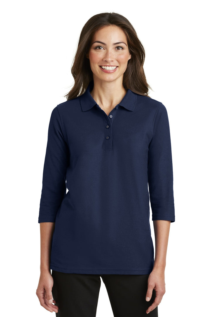 Front View of Navy Port Authority Women's Silk Touch 3/4-Sleeve Polo. L562