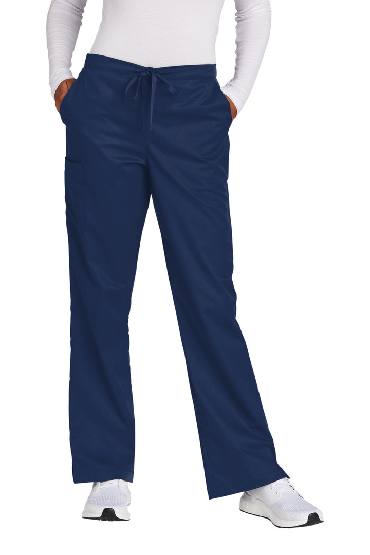 Front View of Navy Wink Women's Petite WorkFlex Flare Leg Cargo Pant WW4750P