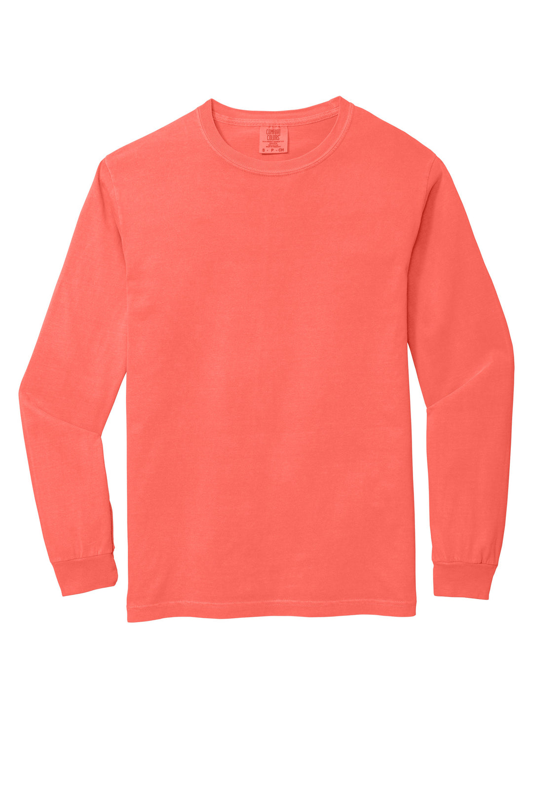 Front View of Neon Red Orng COMFORT COLORS Heavyweight Ring Spun Long Sleeve Tee. 6014