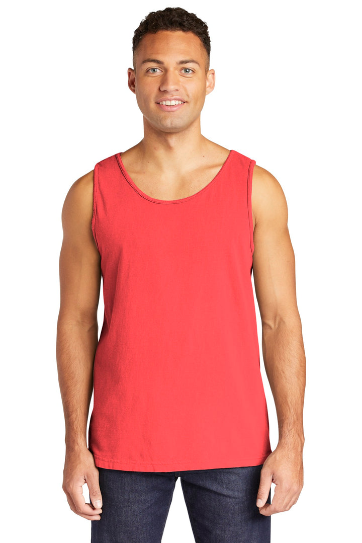Front View of Neon Red Orng COMFORT COLORS Heavyweight Ring Spun Tank Top. 9360