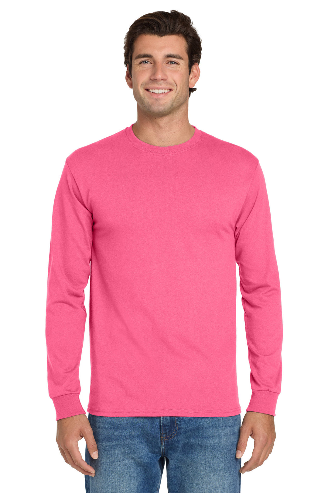 Front View of NeonPink Jerzees - Dri-Power 50/50 Cotton/Poly Long Sleeve T-Shirt. 29LS