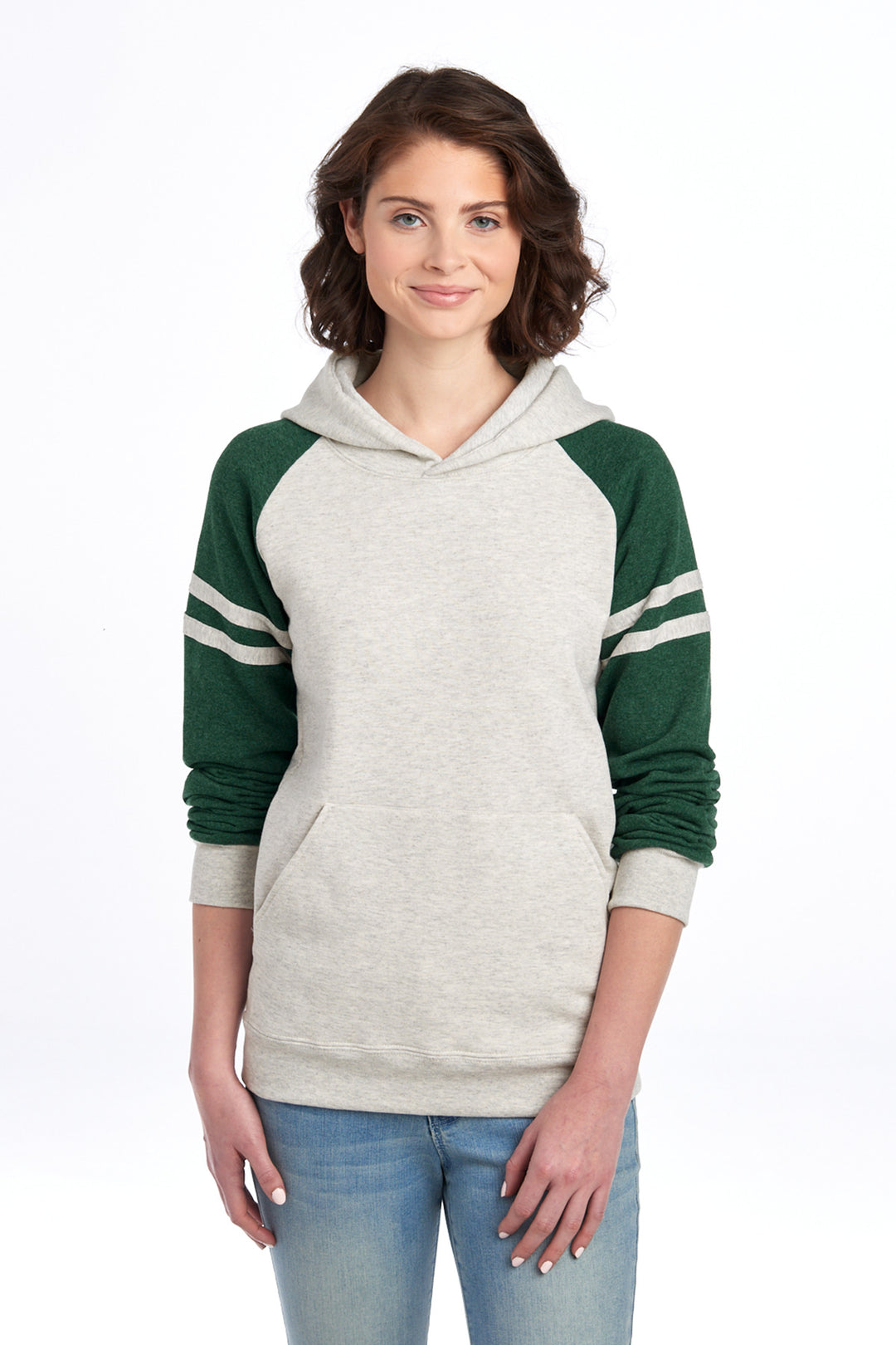 Front View of OatHt/FGnH Jerzees Unisex NuBlend Varsity Colorblock Hooded Sweatshirt 97C