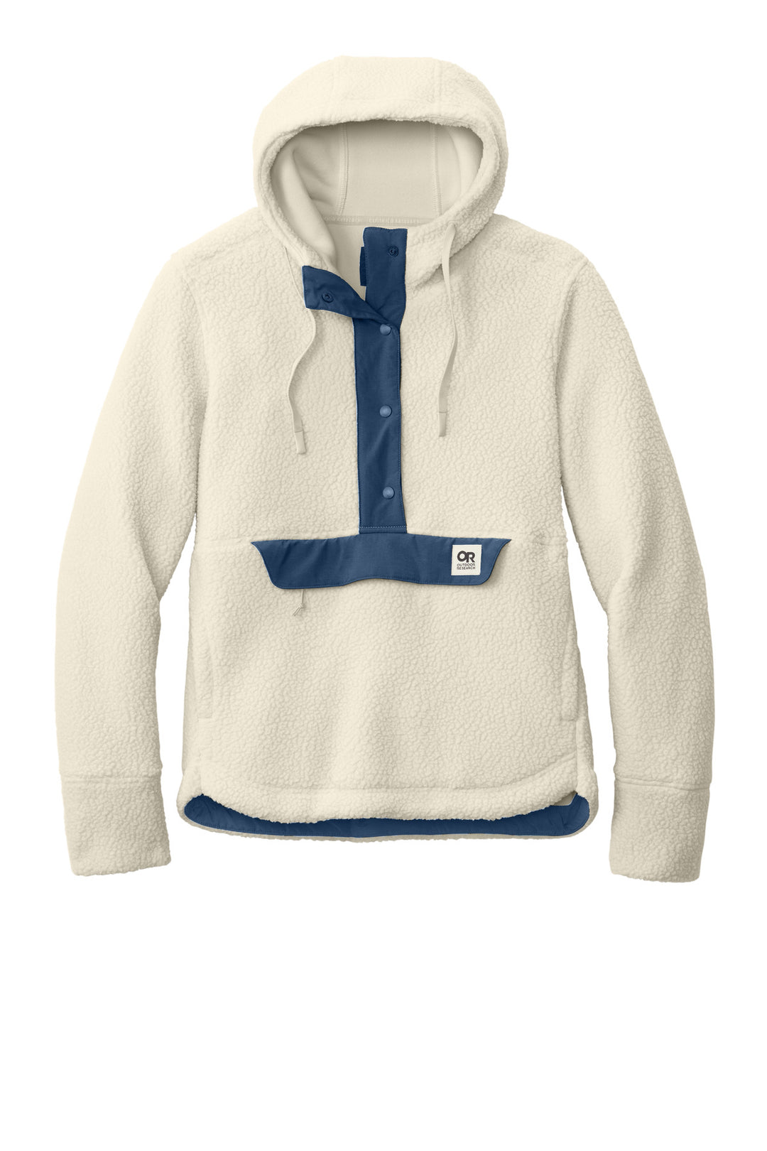 Front View of Oat/Navy LIMITED EDITION Outdoor Research Women's Packwood Fleece Pullover Hoodie OR322268