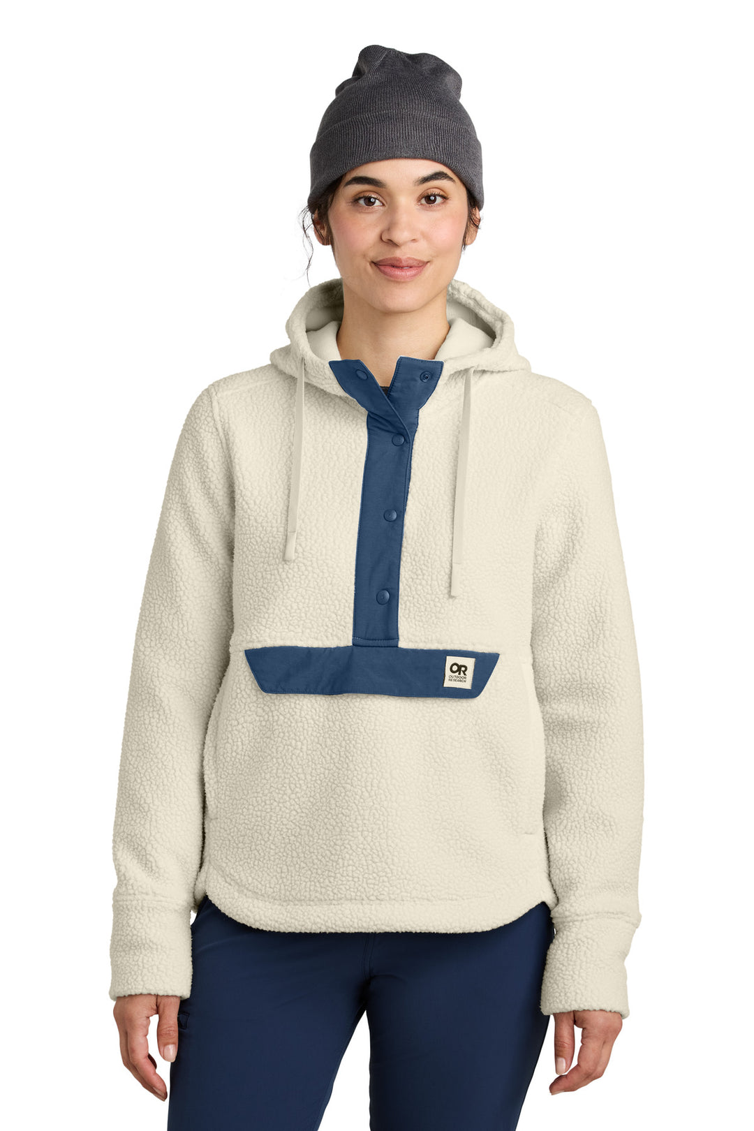 Front View of Oat/Navy LIMITED EDITION Outdoor Research Women's Packwood Fleece Pullover Hoodie OR322268