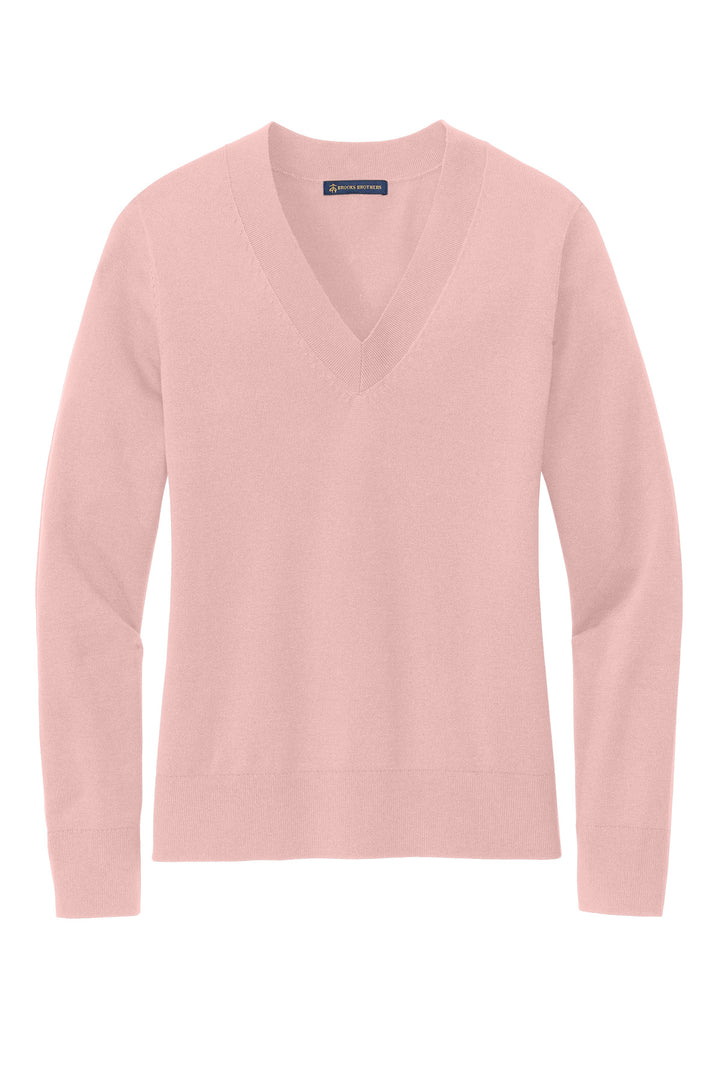 Front View of PearlPink Brooks Brothers Women's Cotton Stretch V-Neck Sweater BB18401