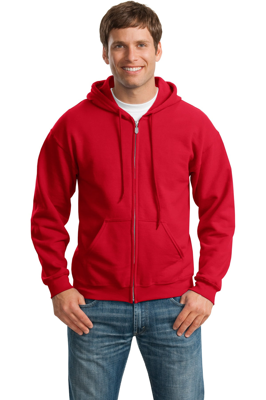 Front View of Red Gildan - Heavy Blend Full-Zip Hooded Sweatshirt. 18600