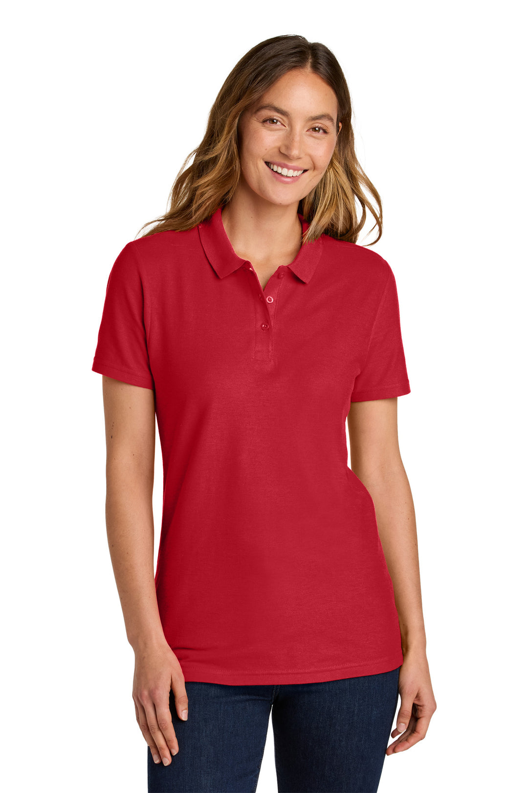 Front View of Red Gildan Softstyle Women's Pique Polo 64800L