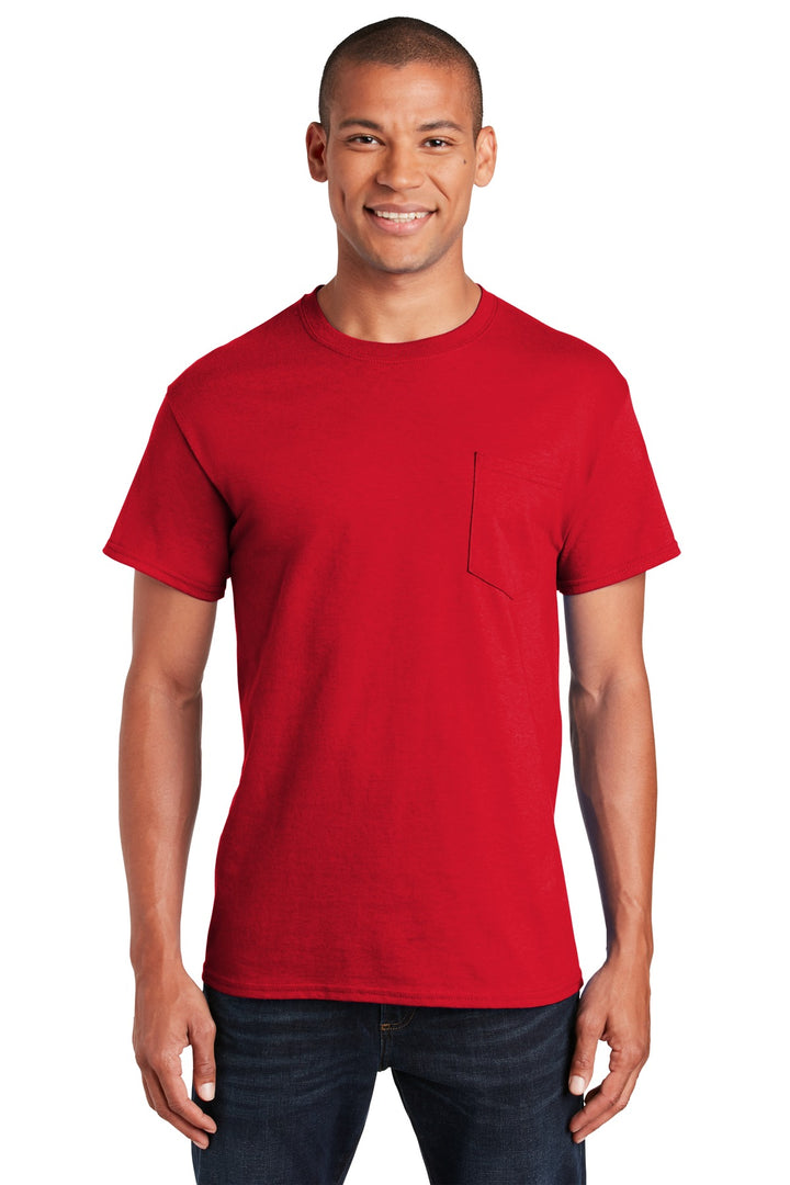 Front View of RED Gildan - Ultra Cotton 100% US Cotton T-Shirt with Pocket. 2300