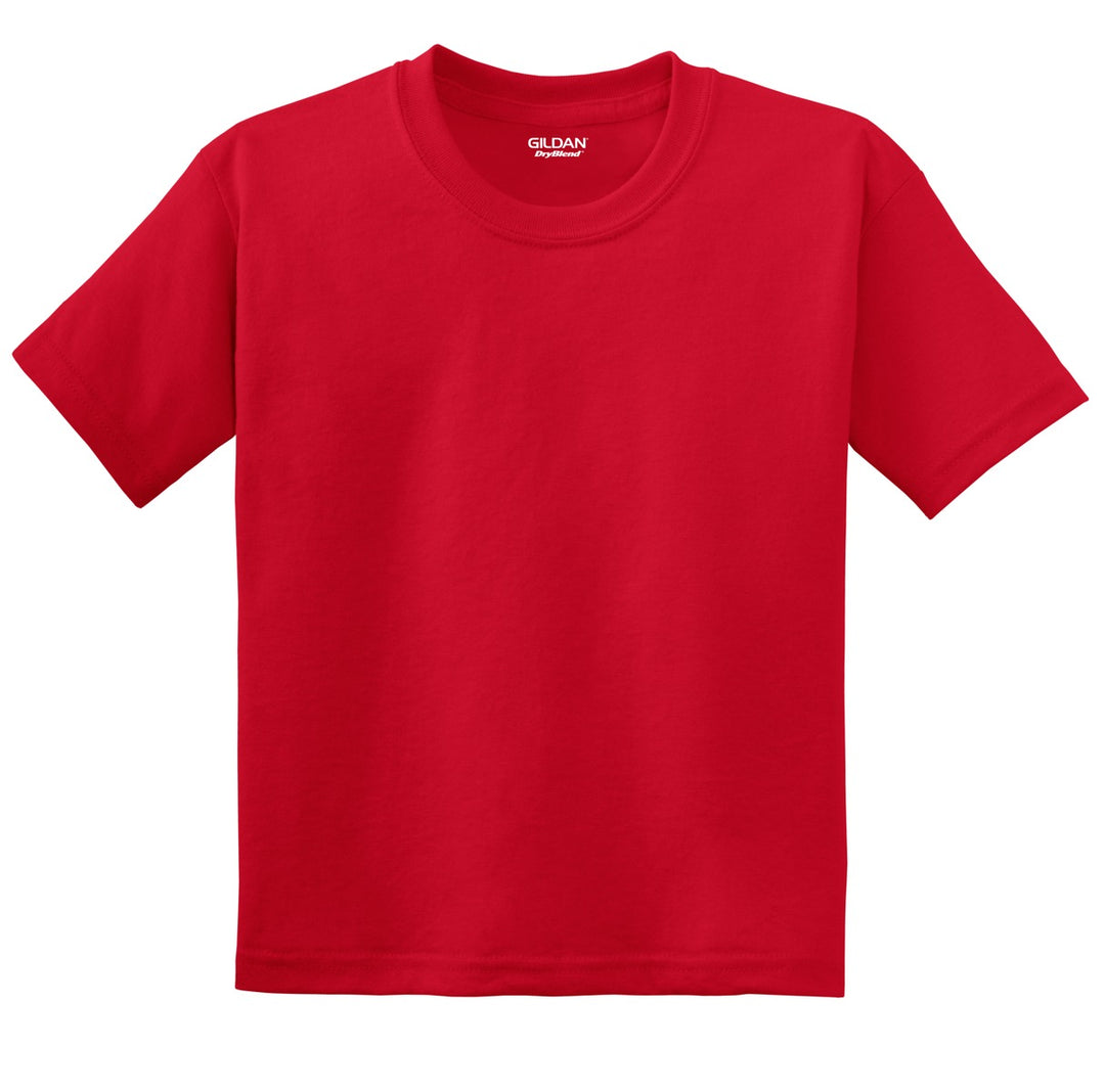 Front View of Red Gildan Youth DryBlend 50 Cotton/50 Poly T-Shirt. 8000B